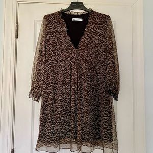 Zara Sz XL black tan dotted tunic/mini dress boho flowy empire waist 3/4 sleeve